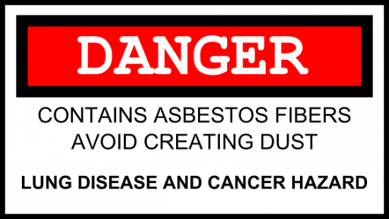 an asbestos warning sign reads: Danger! Contains asbestos fibers. Avoid creating dust. Lung disease and cancer hazard.